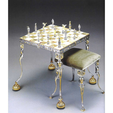 Tutankhamun Pharaoh 24K Gold Bronze Chess Set & Onyx Table, Handmade Italy