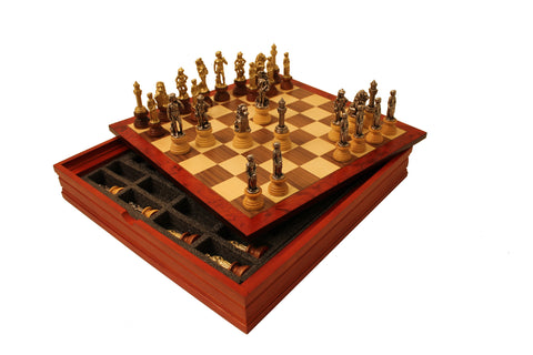 FLORENTINE SET: Beautiful Metal Chess Set with Wooden Chess Board/Box