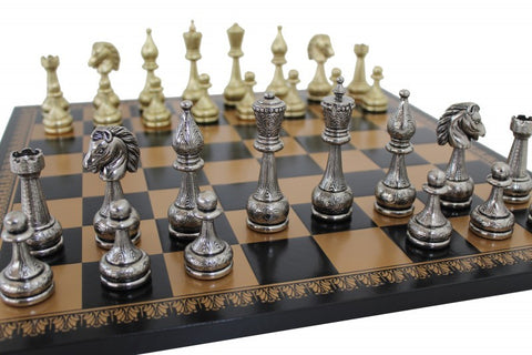 FLOWERED Metal Chess Pieces with Gold/Black Leatherette Chessboard