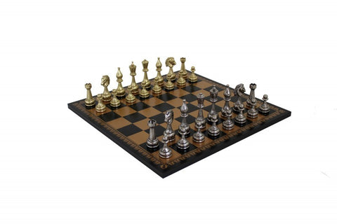 FLOWERED Metal Chess Pieces with Gold/Black Leatherette Chessboard