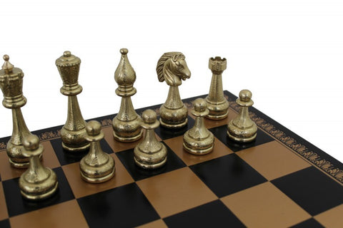 FLOWERED Metal Chess Pieces with Gold/Black Leatherette Chessboard