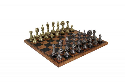 FLOWERED Metal Chess Set with Leatherette Chessboard in Globe Finish