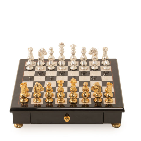 French Set: Solid Brass Chess Set with Glossy Wooden Chessboard