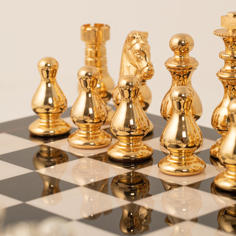 French Set: Solid Brass Chess Set with Glossy Wooden Chessboard