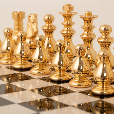 French Set: Solid Brass Chess Set with Glossy Wooden Chessboard