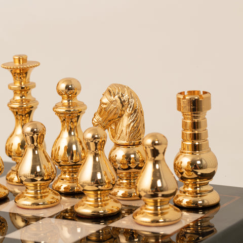 French Set: Solid Brass Chess Set with Glossy Wooden Chessboard