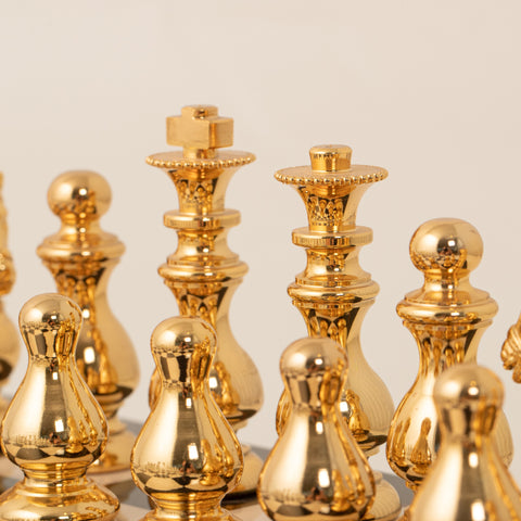 French Set: Solid Brass Chess Set with Glossy Wooden Chessboard