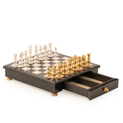 French Set: Solid Brass Chess Set with Glossy Wooden Chessboard