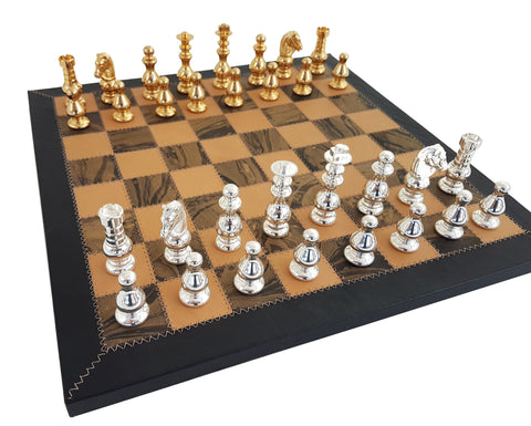 FRENCH Style Chess Set. Gold and Silver plated with Real Leather Chessboard