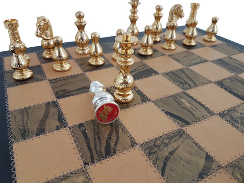 FRENCH Style Chess Set. Gold and Silver plated with Real Leather Chessboard