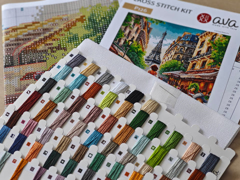 From Paris With Love Cross Stitch Kit, AVA Stitch, 16 Count Zweigart Aida, 66 Colors, 180 x 180 Stitches, 11.25" Square