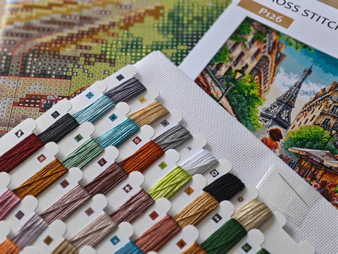 From Paris With Love Cross Stitch Kit, AVA Stitch, 16 Count Zweigart Aida, 66 Colors, 180 x 180 Stitches, 11.25" Square