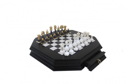 Gold & Silver Plated Brass Chess Pieces with Luxurious Black Wooden Chessboard