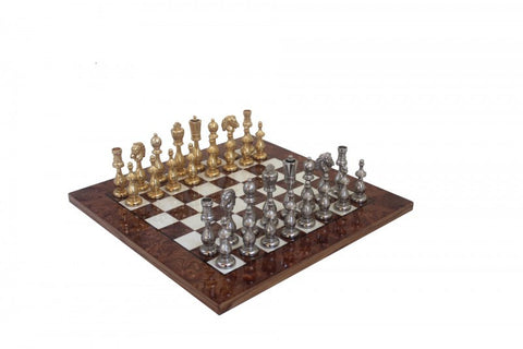 Gold & Silver Plated Solid Metal Chess Pieces with Elm Briar Wood Chessboard