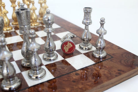 Gold & Silver Plated Solid Metal Chess Pieces with Elm Briar Wood Chessboard