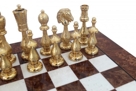 Gold & Silver Plated Solid Metal Chess Pieces with Elm Briar Wood Chessboard