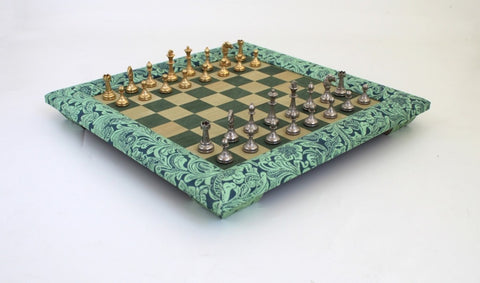 Golden/Silver Plated Metal Chess Pieces With Wood & Ecoleather Chessboard