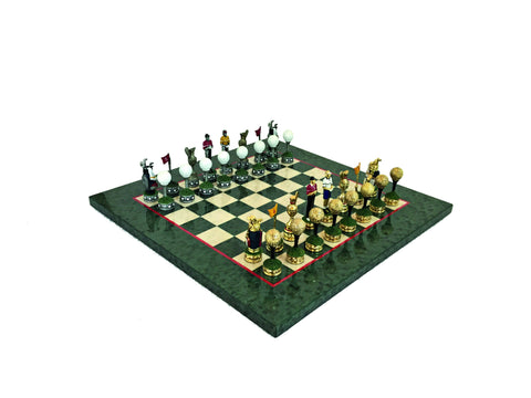 GOLF SET: Handpainted PEWTER Chess Set with Briar Erable Wood Chessboard