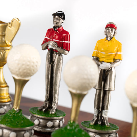 GOLF SET: Handpainted PEWTER Chess Set with Briar Erable Wood Chessboard