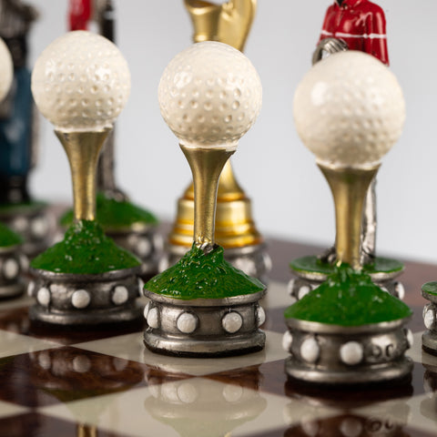 GOLF SET: Handpainted PEWTER Chess Set with Glossy Briar Elm Wood Chessboard