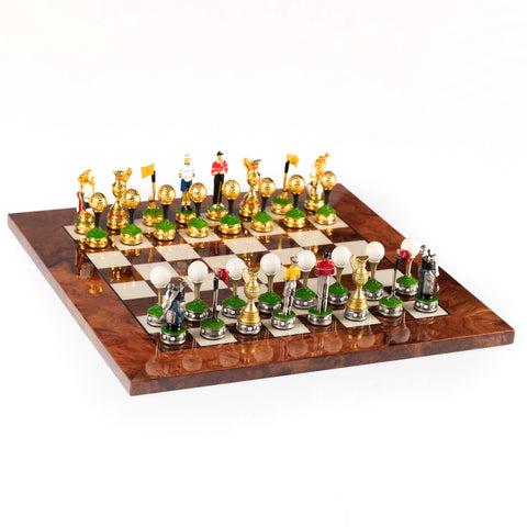 GOLF SET: Handpainted PEWTER Chess Set with Glossy Briar Elm Wood Chessboard