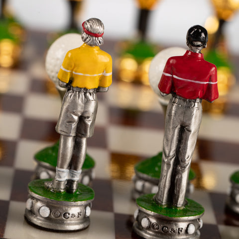 GOLF SET: Handpainted PEWTER Chess Set with Glossy Briar Elm Wood Chessboard