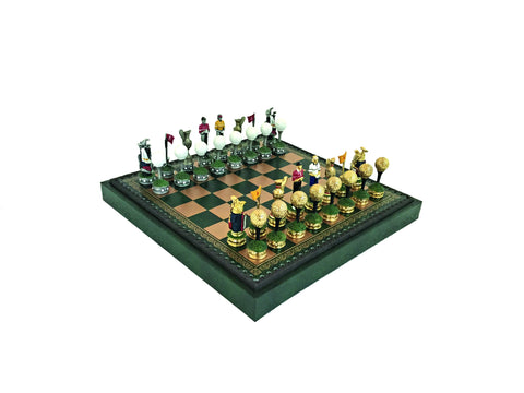 GOLF SET: Handpainted Pewter Chess Set with Leatherette Chessboard + Checker Set