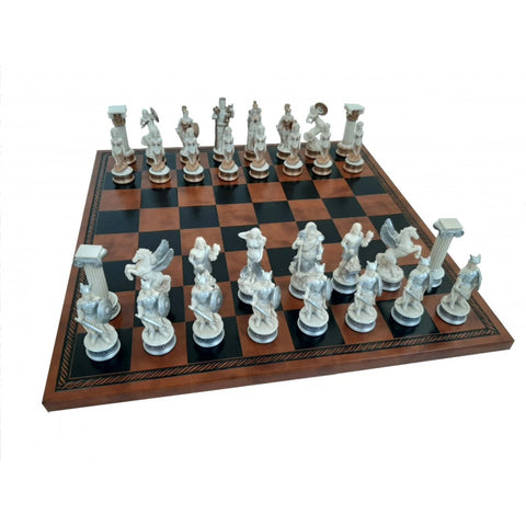 GREEK MYTHOLOGY: Chess Set with Brown Leatherette Chess Board