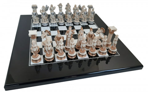 GREEK MYTHOLOGY Chess Set with Black & White Lacquered Wooden Chess Board