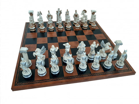 GREEK MYTHOLOGY: Chess Set with Brown Leatherette Chess Board