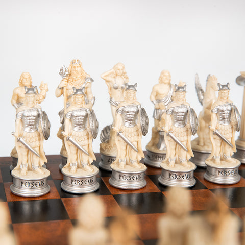 GREEK MYTHOLOGY: Handpainted Chess Set with Beautiful Leatherette Chessboard