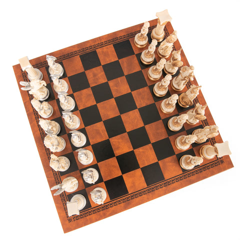 GREEK MYTHOLOGY: Handpainted Chess Set with Beautiful Leatherette Chessboard