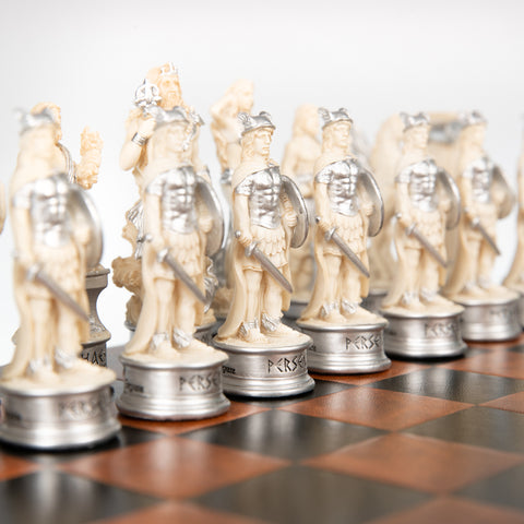 GREEK MYTHOLOGY: Handpainted Chess Set with Beautiful Leatherette Chessboard