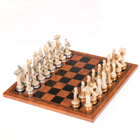 GREEK MYTHOLOGY: Handpainted Chess Set with Beautiful Leatherette Chessboard