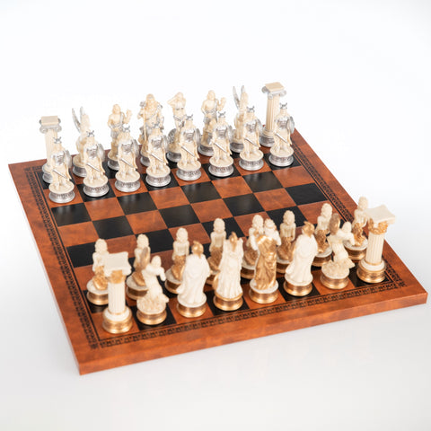 GREEK MYTHOLOGY: Handpainted Chess Set with Beautiful Leatherette Chessboard