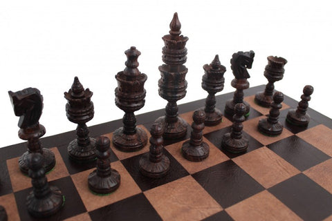 Hand Carved Wooden Chess Pieces with Real Leather Chessboard