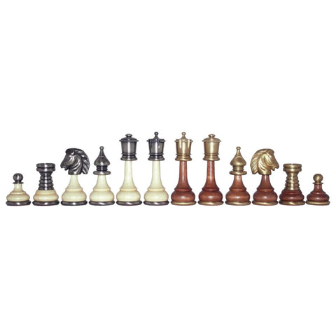 Handcrafted Brass & Wood Chess Pieces Set Gold Silver Plated, King 9cm, Italian