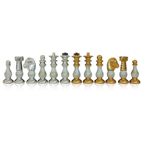 French Style Brass & Wood Chess Pieces, Gold/Silver Plated, Italy, Handmade