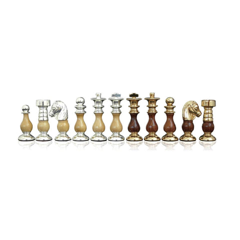French Style Brass & Wood Chess Pieces, Handmade, Gold/Silver Plated