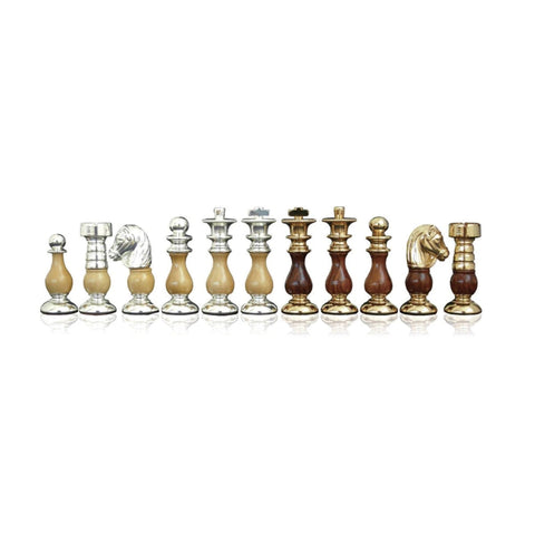 French Style Brass & Wood Chess Pieces, Handmade, Gold/Silver Plated, 7.5cm King