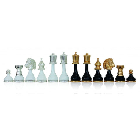 French Style Brass & Wood Chess Pieces, 9cm King, Gold/Silver Plated, Italy