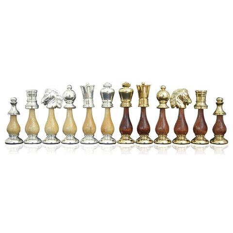 Classic Brass & Wood Chess Pieces, Gold/Silver Plated, 10cm King, Italy