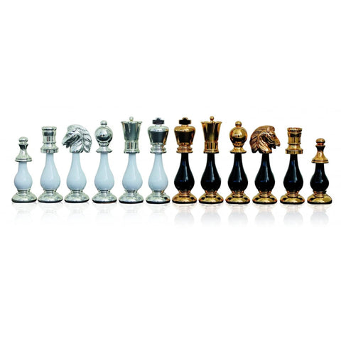 Handmade Brass & Wood Chess Pieces Set, Black White, 10cm King, Made in Italy