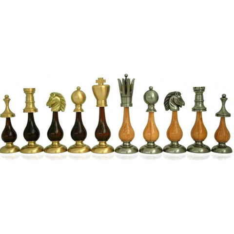 Luxury XL Brass & Wood Chess Pieces, Italian, Gold/Silver Plated, 21cm King