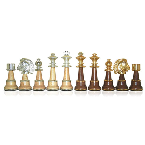 Oversized Brass & Wood Chess Pieces Set, Handcrafted, Gold/Silver Plated, Italy