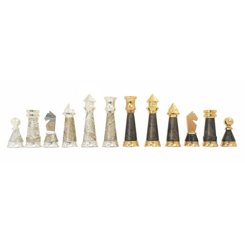 Modern Brass & Wood Chess Pieces Set, Handmade, Italy, 11cm King Gold/Silver