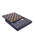 Gold Blue Faux Leather Chess Board with Storage Box, 28x28 cm, Italy