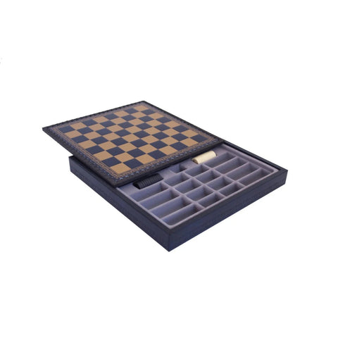 Gold Blue Faux Leather Chess Board with Storage Box, 28x28 cm, Italy