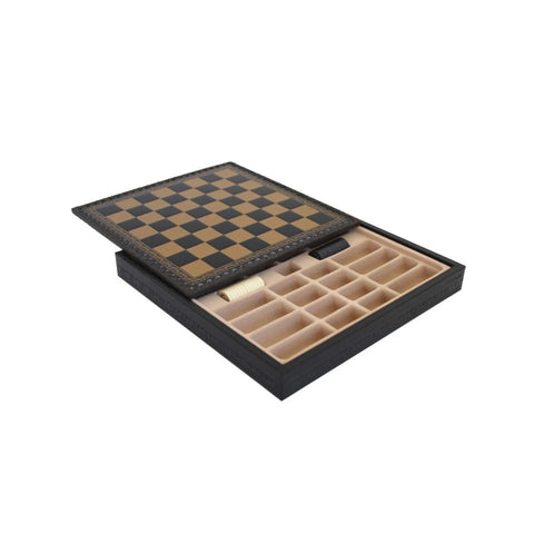 Gold Black Faux Leather Chess Board with Storage, 28cm, Handmade in Italy