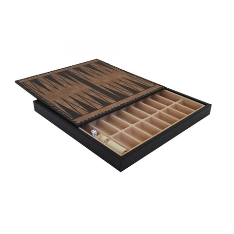 Gold Black Faux Leather Chess Board with Storage, Checkers & Backgammon, 35cm